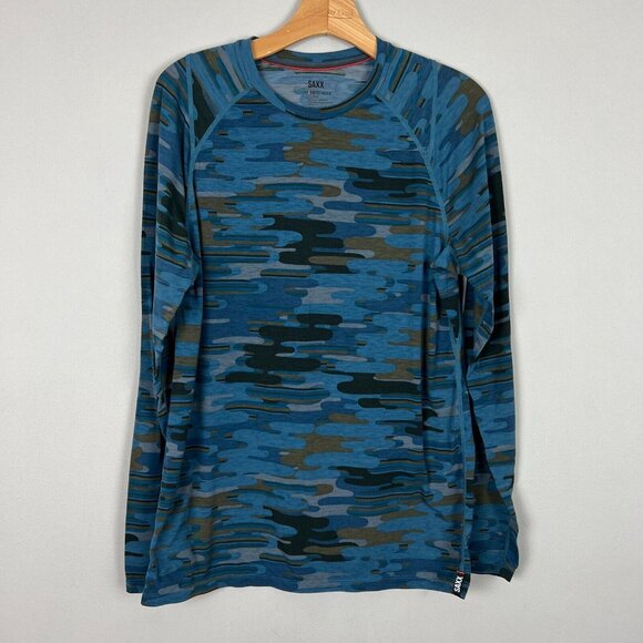 Saxx Baselayer Shirt Mens Medium Blue Camo Viewfinder Crew Neck Slim Fit T-Shirt - Picture 1 of 8